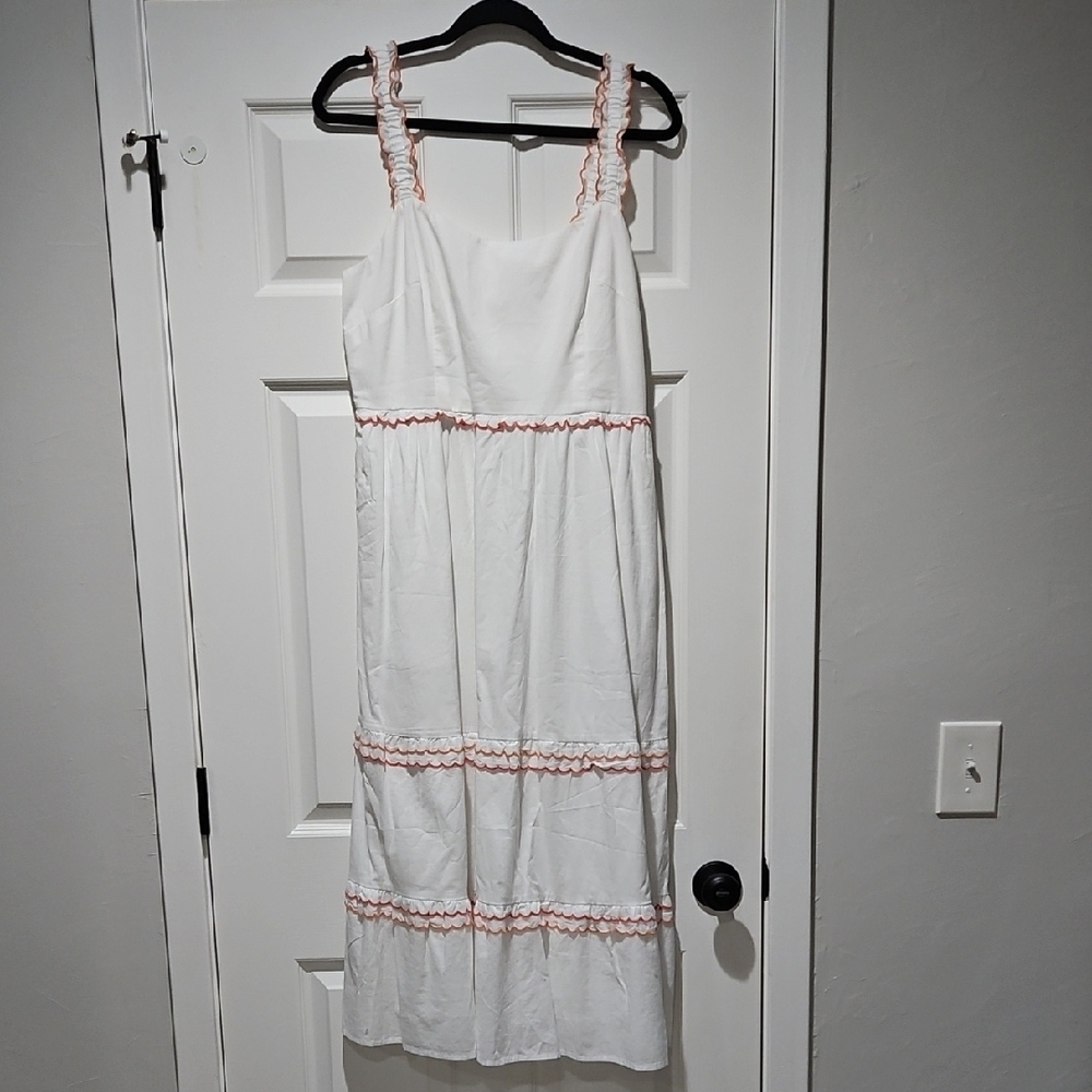 J. Crew White Tiered Boho Scalloped Orange & Pink Detail Rouched Back 12 NEW